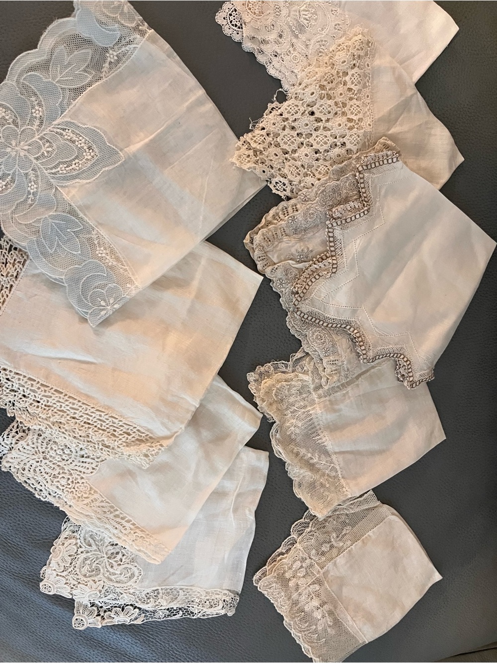 Antique Brussels Handkerchiefs - Cream Handmade Lace Trim Lot of 10
